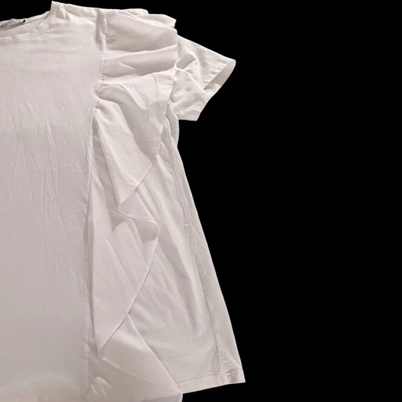 Zara White Short Sleeve Tee with Ruffle Detail, Sz Medium - Picture 3 of 10